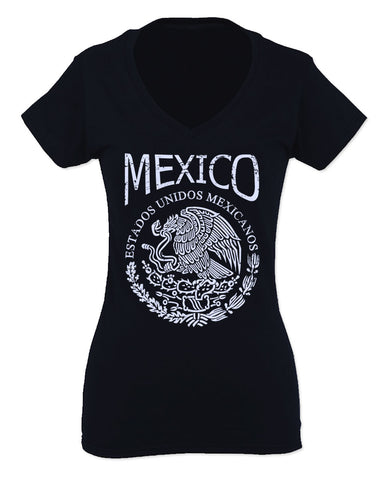 VICES AND VIRTUESS Front Hecho En Mexico Mexican Flag Coat of Arms Escudo Mexicano For Women V neck fitted T Shirt