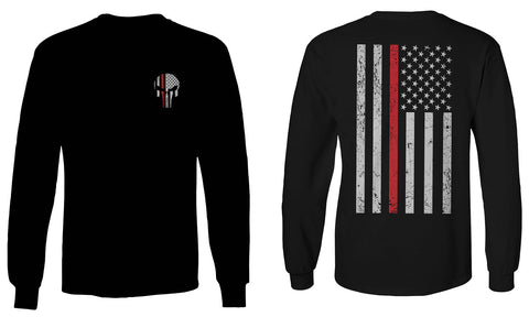 VICES AND VIRTUESS Front Skull Back Flag Thin Red Line USA Firefighter Support mens Long sleeve t shirt