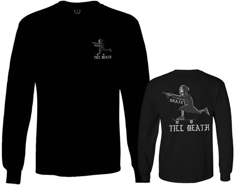 Front and Back Skateboarding OR DIE Skull Skate Gun Till Death Obei Society mens Long sleeve t shirt